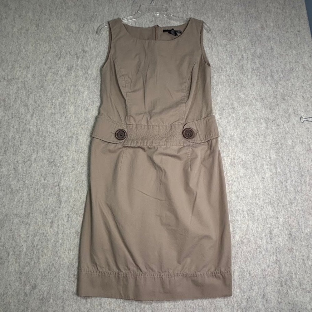 Willi Smith Dress Wmns 8 Tan Cotton Sheath Drop Waist Button‎ Classic Chic Khaki